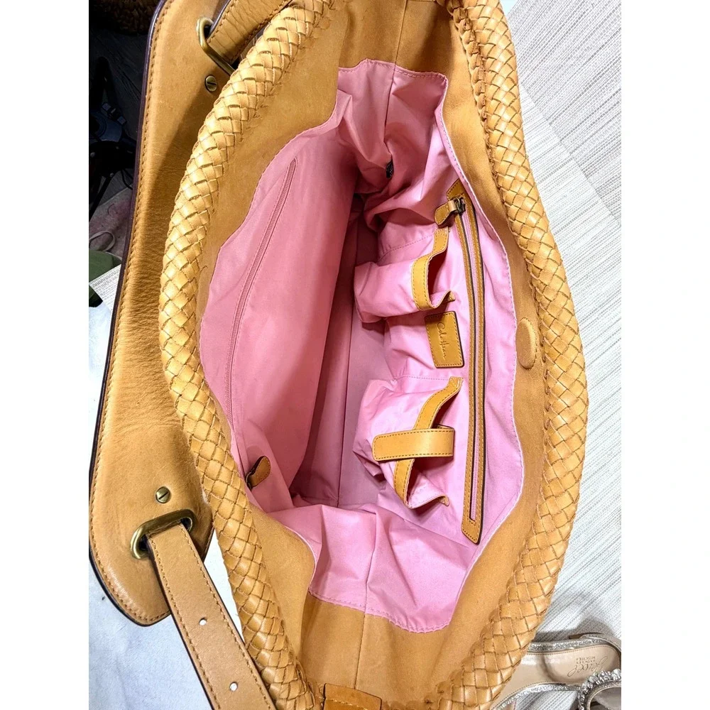 Cole Haan Embroidered Canvas Hobo Bag Tan Leather Trim Blue Green Floral Boho